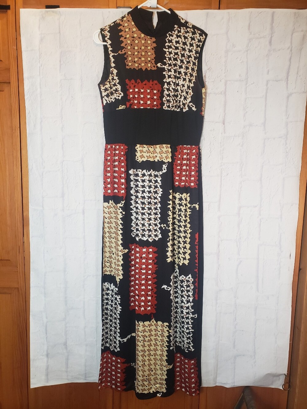 Vintage 1960s Abstract Print Sleeveless Walk-Thru Split Skirt Maxi Dress Medium